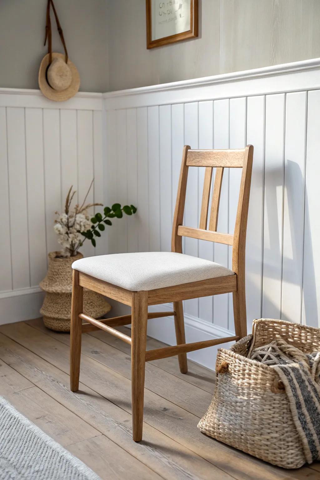 Timeless chair-rail board & batten wainscoting—clean vertical lines with warm, crafted wood.
