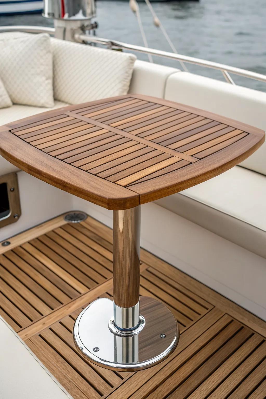 Classic slatted teak pedestal table—marine-grade, fast-draining, and luxuriously varnished.