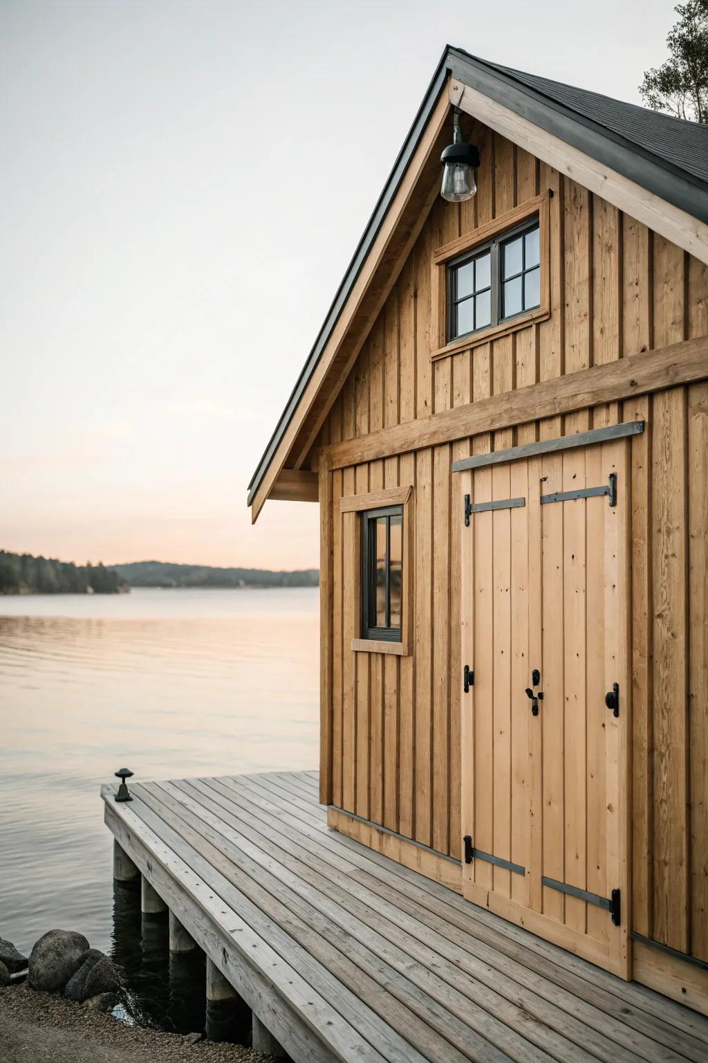Timeless cedar gable boathouse—clean overhangs and drip edges that stay sharp for years.