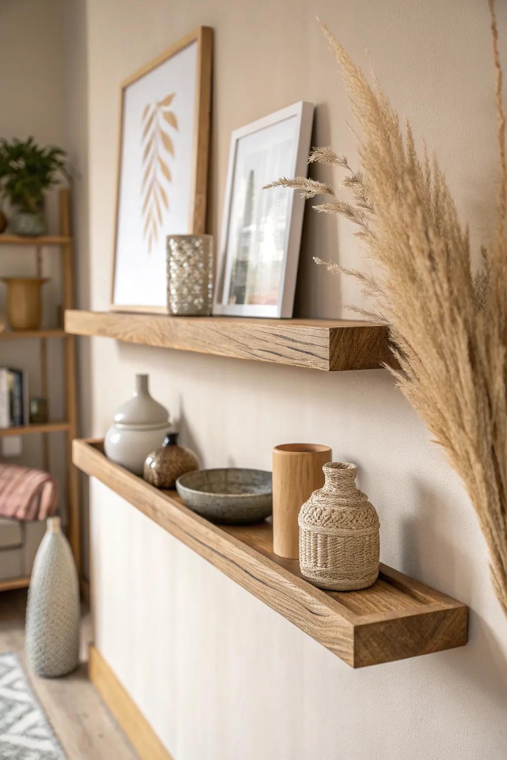 Warm clay accent wall + handcrafted oak shelf—minimal, cozy boho texture with natural beauty.