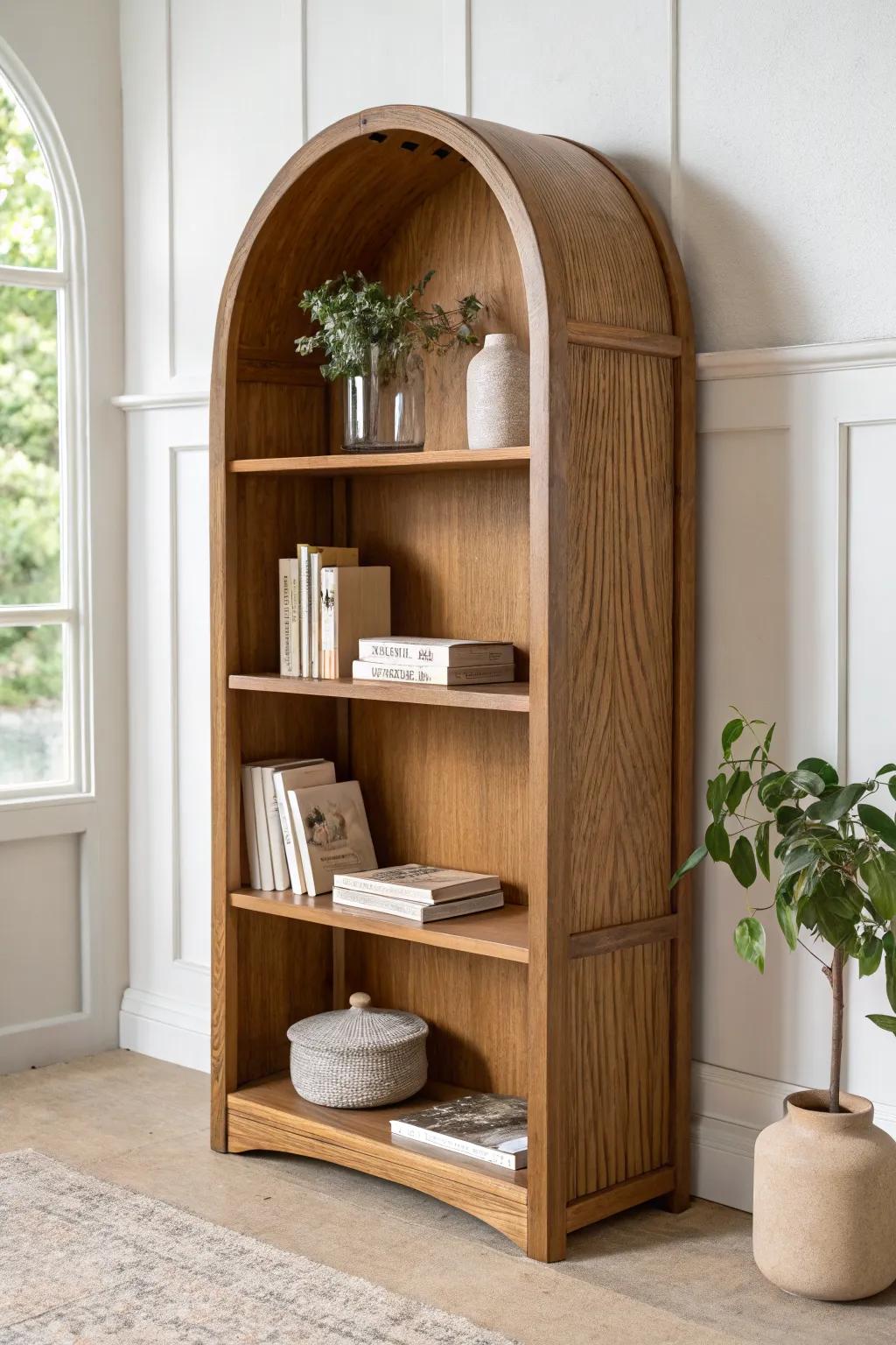 A curved, warm-stained arched shelf styled with books, trailing greenery, and earthy pottery.
