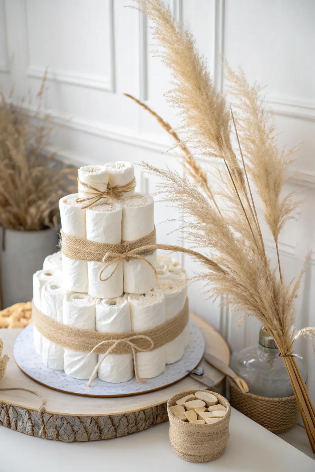 Embrace simplicity and elegance with this pampas grass adorned diaper cake, perfect for a dreamy boho baby shower.