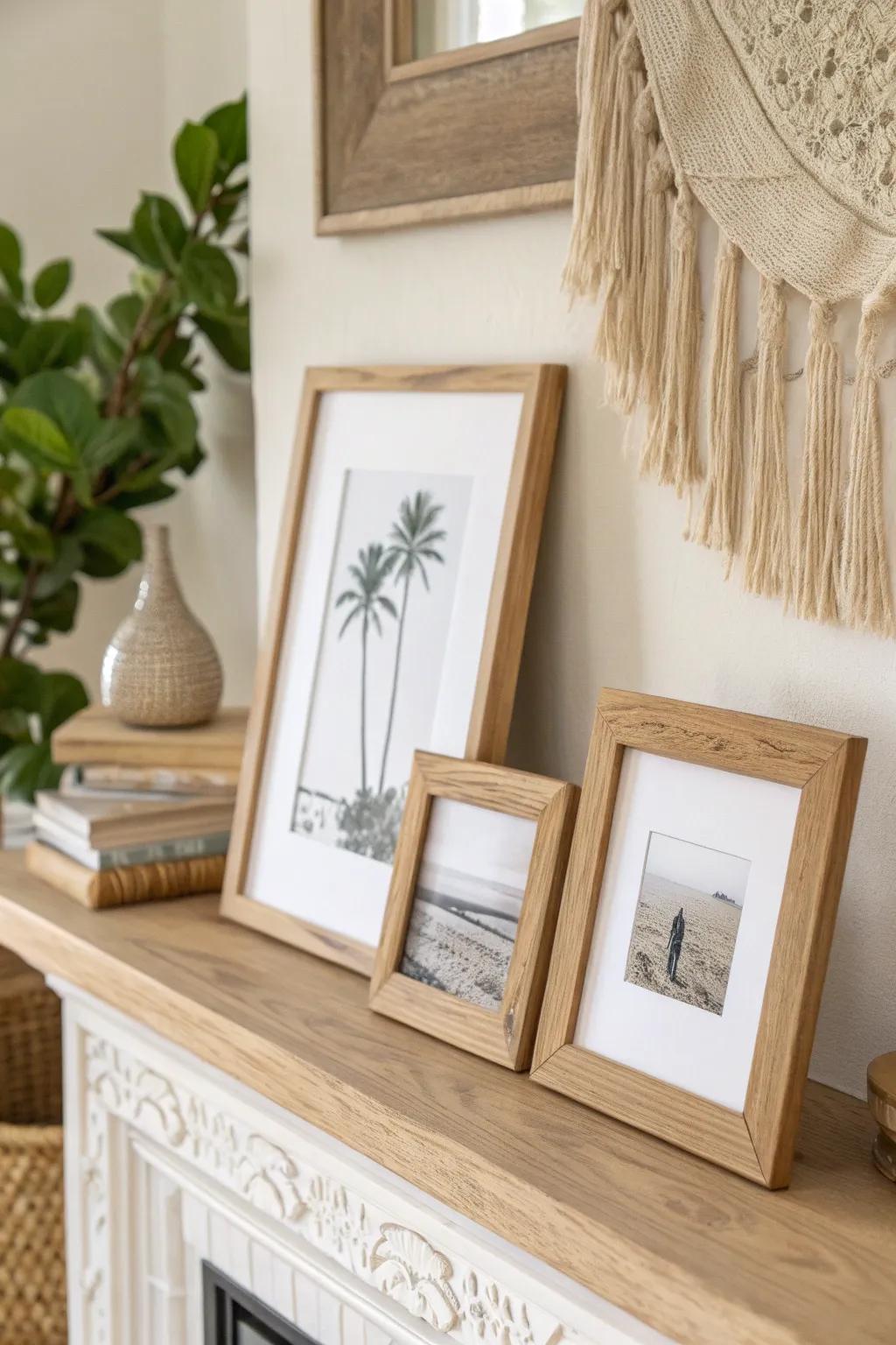 Layered leaning wood frames create an easy, lived-in boho mantel focal point.