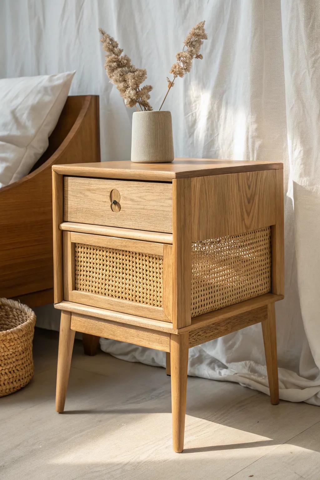 Warm oak nightstand with a cane-webbed drawer front—an easy boho upgrade with light, woven texture.