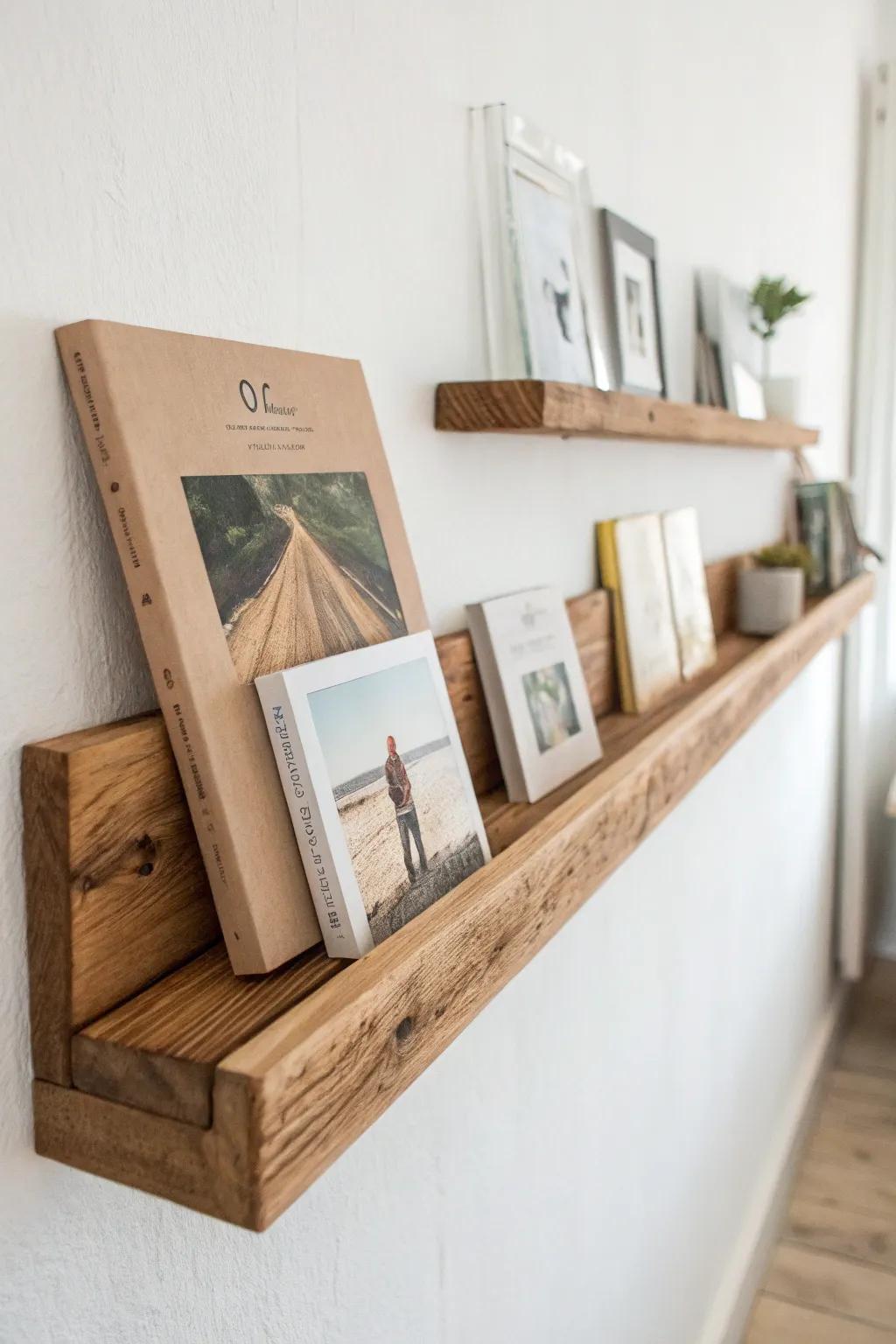 DIY picture ledge from scrap wood—display book covers face-out and rotate weekly for fresh vibes.