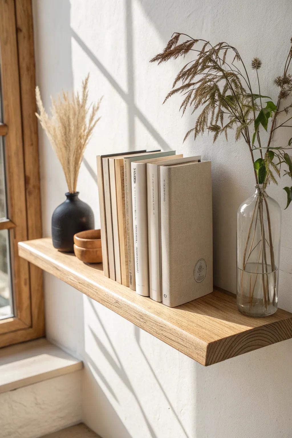 Reset your shelf: one handcrafted wood piece + a few books makes it feel intentional.
