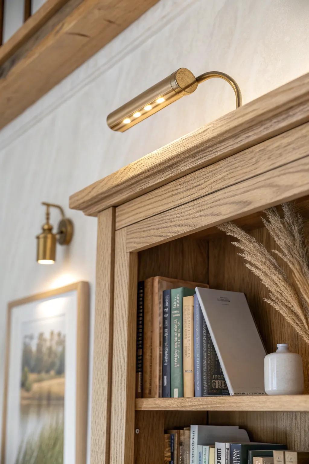 Classic brass picture light adds a polished library glow to a minimalist oak bookcase.