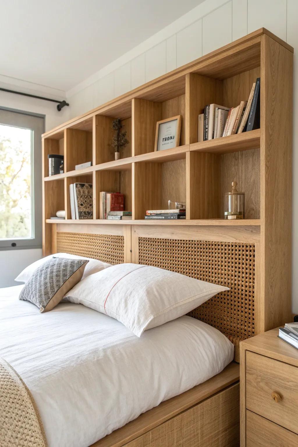 Built-in headboard shelves that frame the bed—clean, cozy, and perfect for bedtime reads.