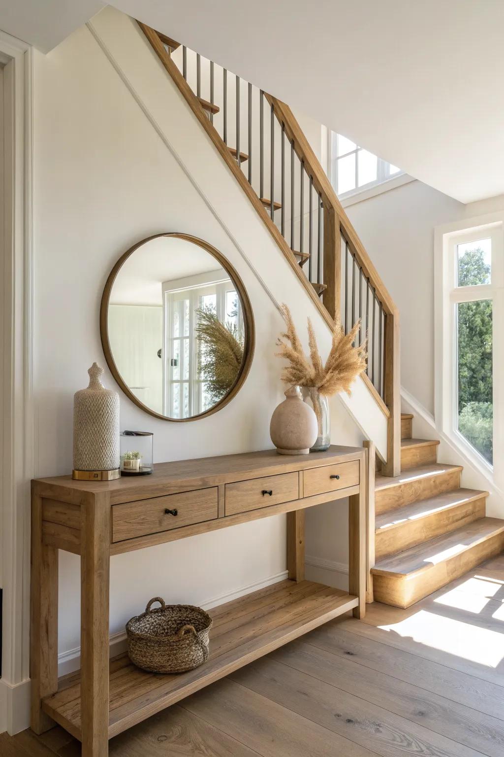 A slim reclaimed-wood console + oversized round mirror to brighten the bottom of stairs.