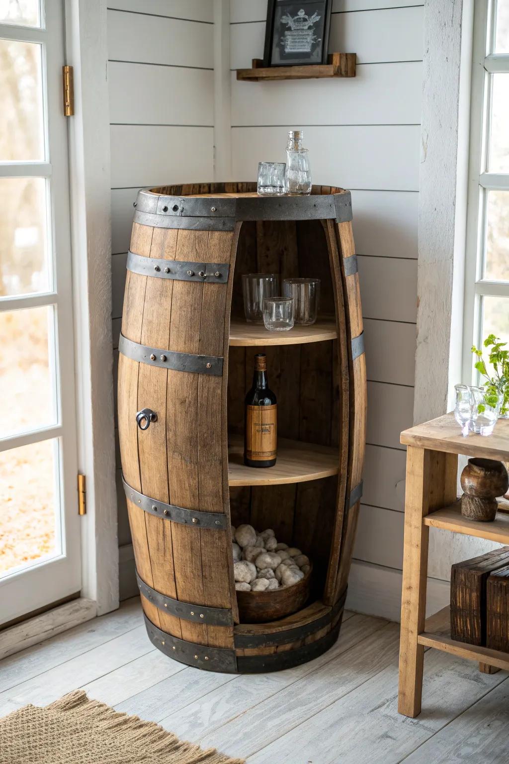 A classic bourbon barrel bar cabinet—clean opening, simple shelves, and bold metal hoops.