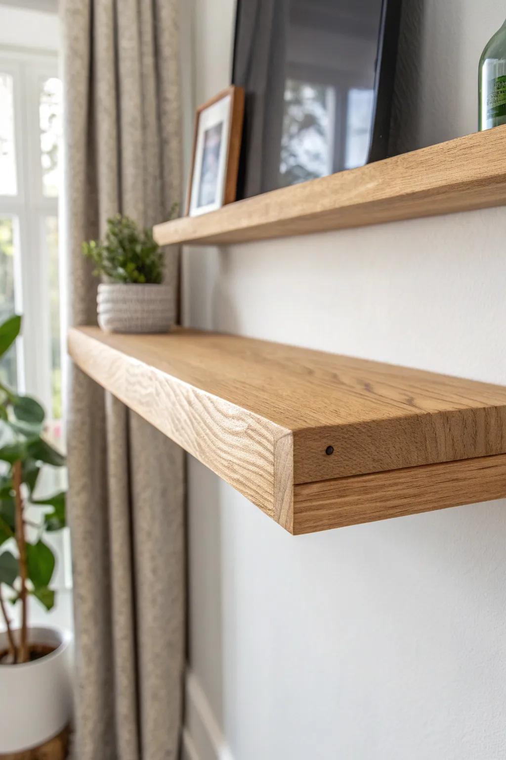 Boutique-style floating shelf in sanded oak—hidden brackets for a clean, airy display.