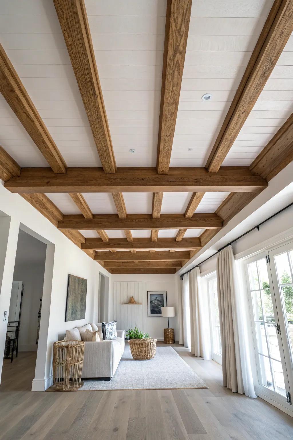 Classic parallel box beams in warm oak—clean lines, bold contrast, and timeless timber charm.