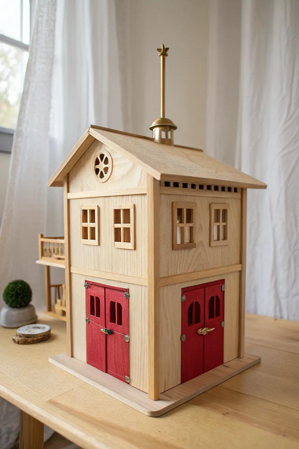 Classic wooden fire station dollhouse with bold red doors and a brass fire pole.