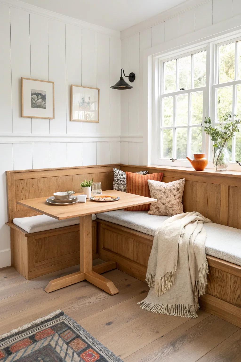 Classic L-shaped built-in banquette: space-saving, cozy, and crafted for a bright nook.