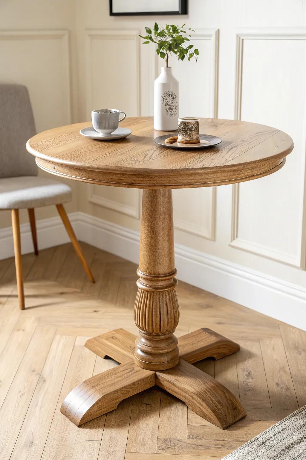 Round pedestal table in chunky oak—wipeable clear coat keeps coffee rings away.