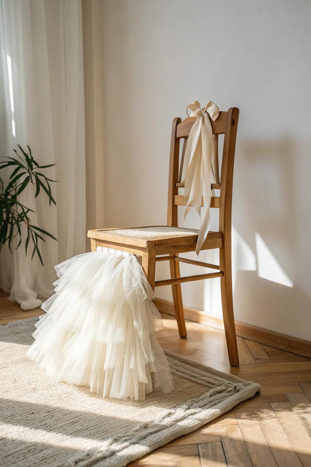 A simple oak chair dressed in an ivory tulle skirt—an instant “bride’s seat” moment.