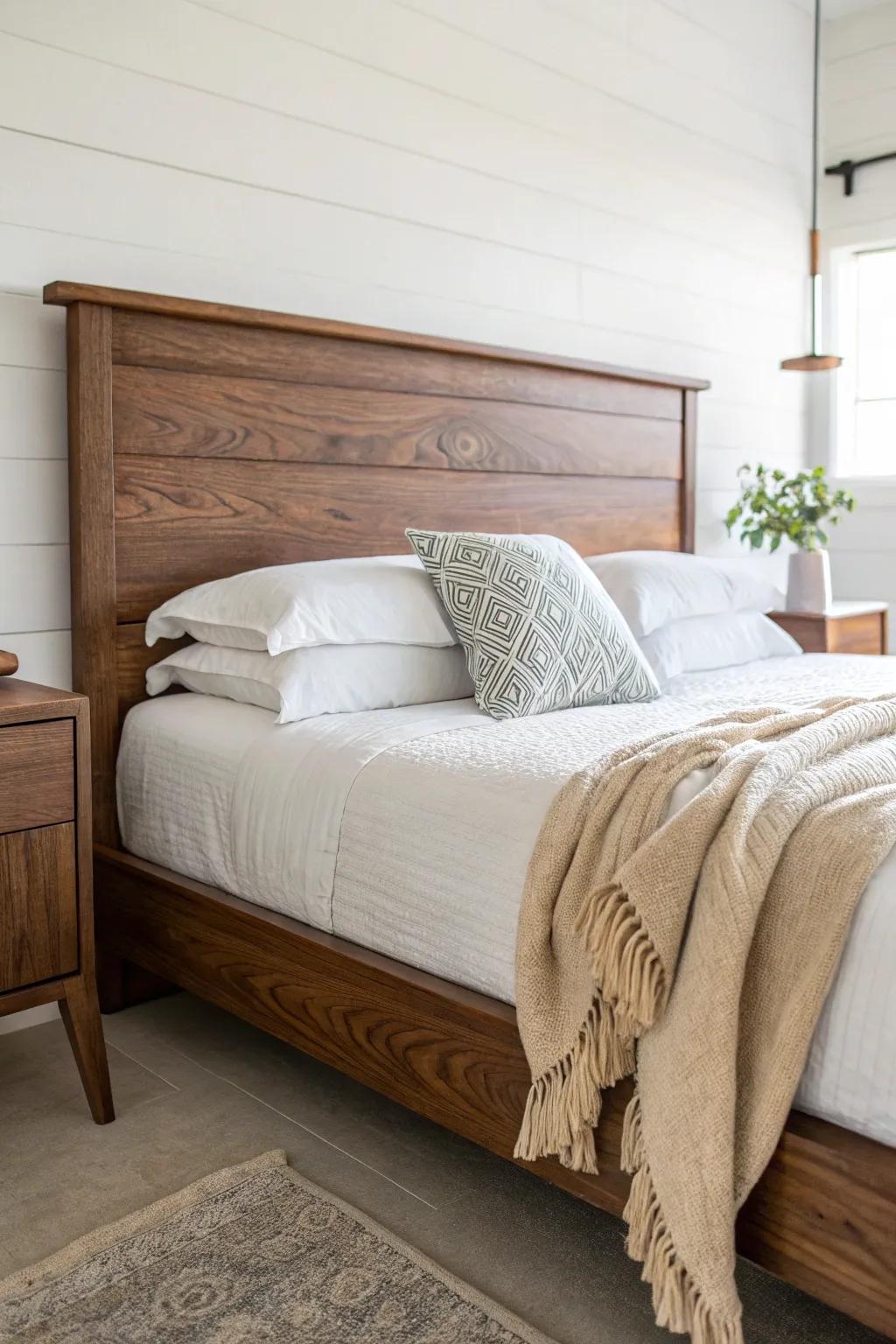 Crisp white linen against a warm brown wood headboard—minimal, cozy, and feminine.