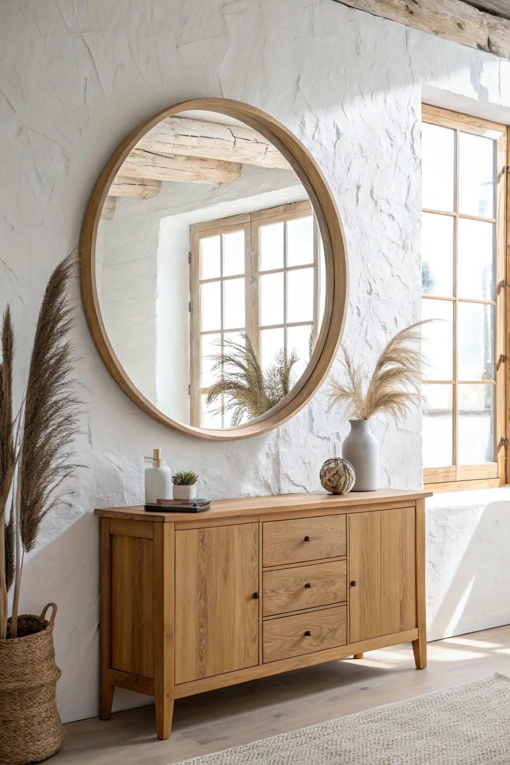 Oversized oak mirror above the buffet—anchors the look and bounces light beautifully.