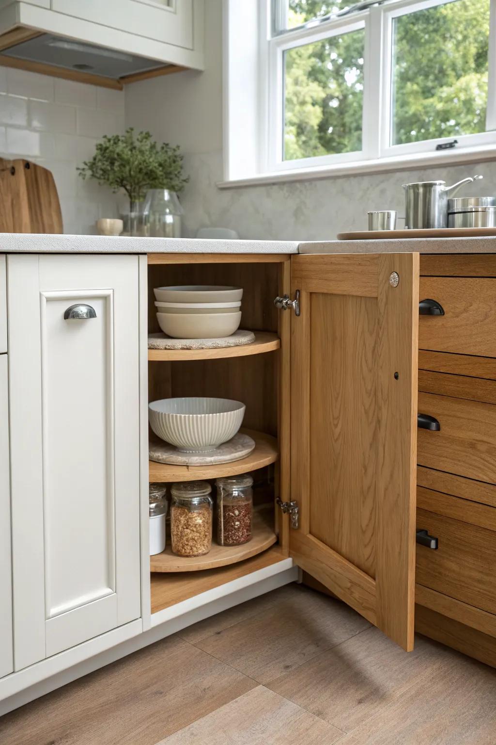 Classic corner cabinet glow-up: a smooth wooden lazy susan that makes every pot easy to reach.