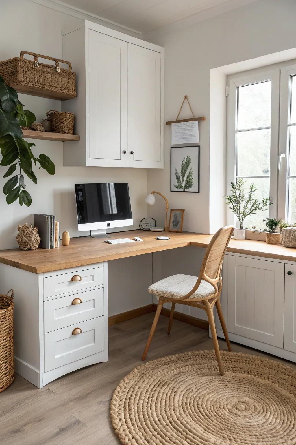 Classic L-shaped built-in corner desk with base cabinets—max surface, sleek storage, airy knee space.