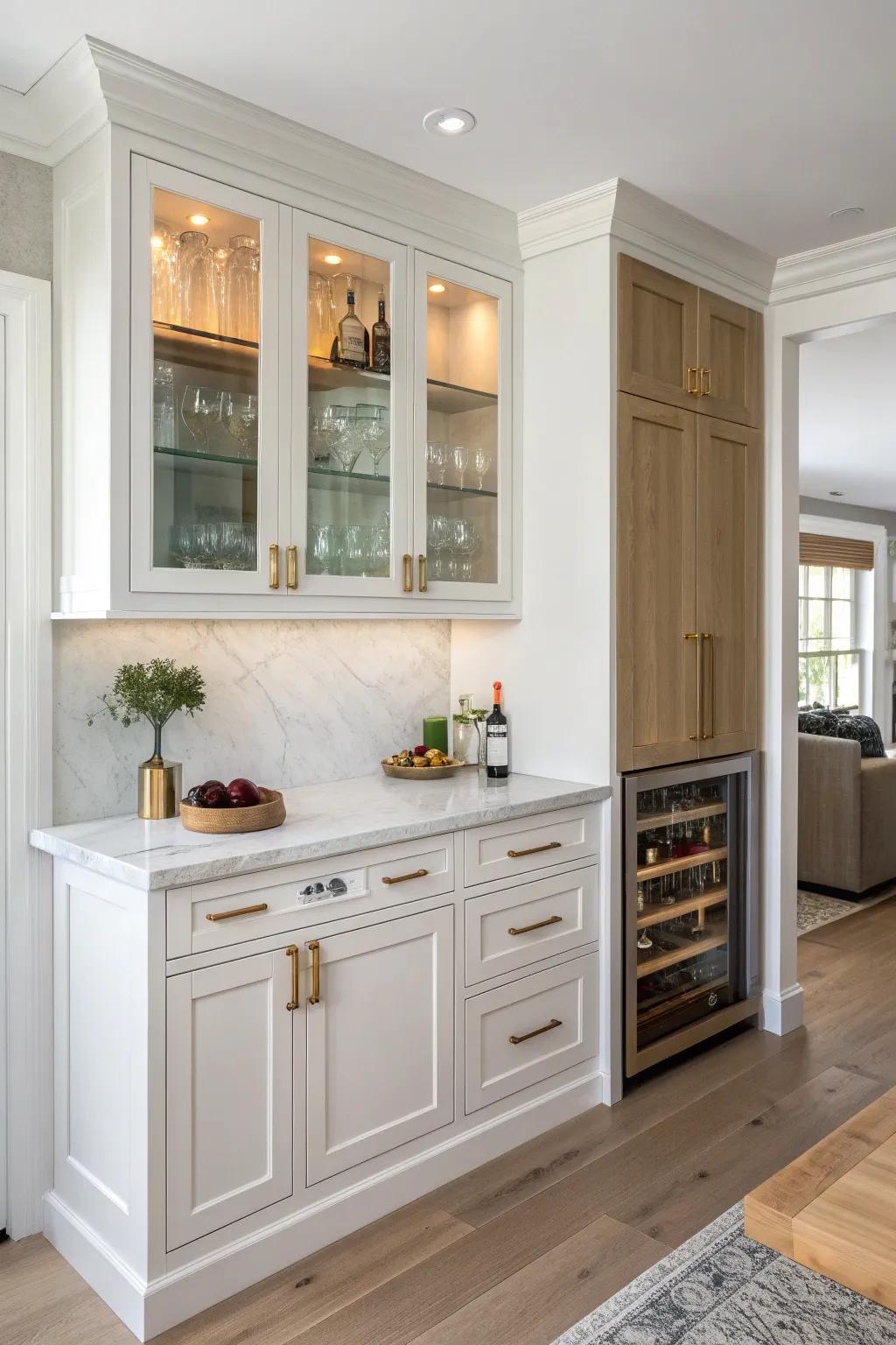 Kitchen-adjacent built-in dry bar in white oak—seamless cabinetry, calm minimal styling.