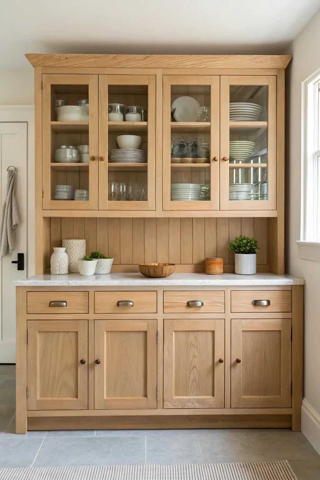 Classic built-in hutch: oak base cabinets with glass-front uppers for a light, timeless look.