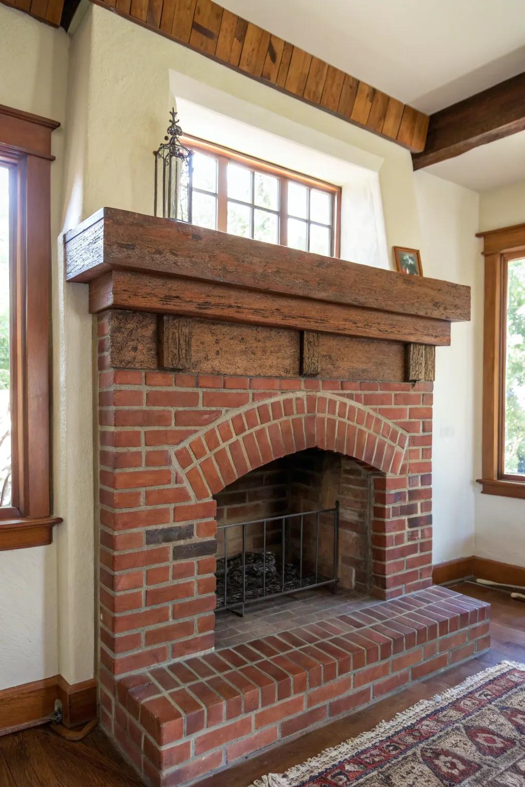 Original brick + a chunky reclaimed beam mantel for a cozy, timeless bungalow focal point.