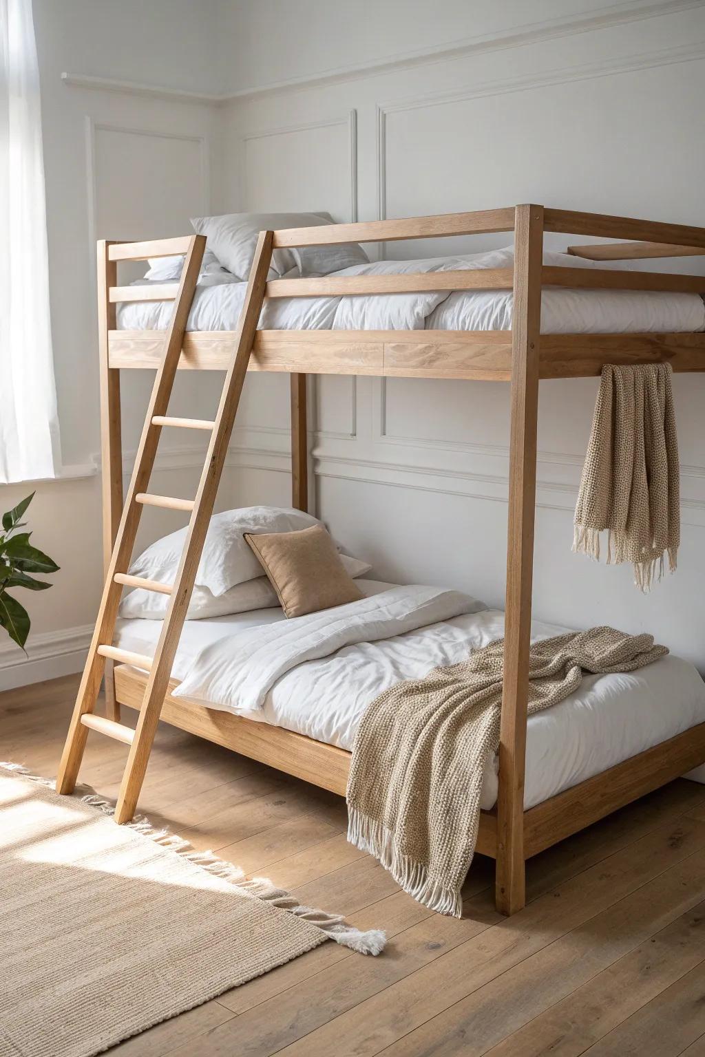 Crisp white linens meet warm oak layers for a cozy, handcrafted bunk bed look.