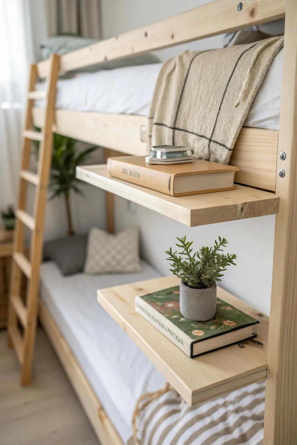 Clamp-on pine ledge + under-bunk desk for a built-in-style study nook that feels calm and cozy.