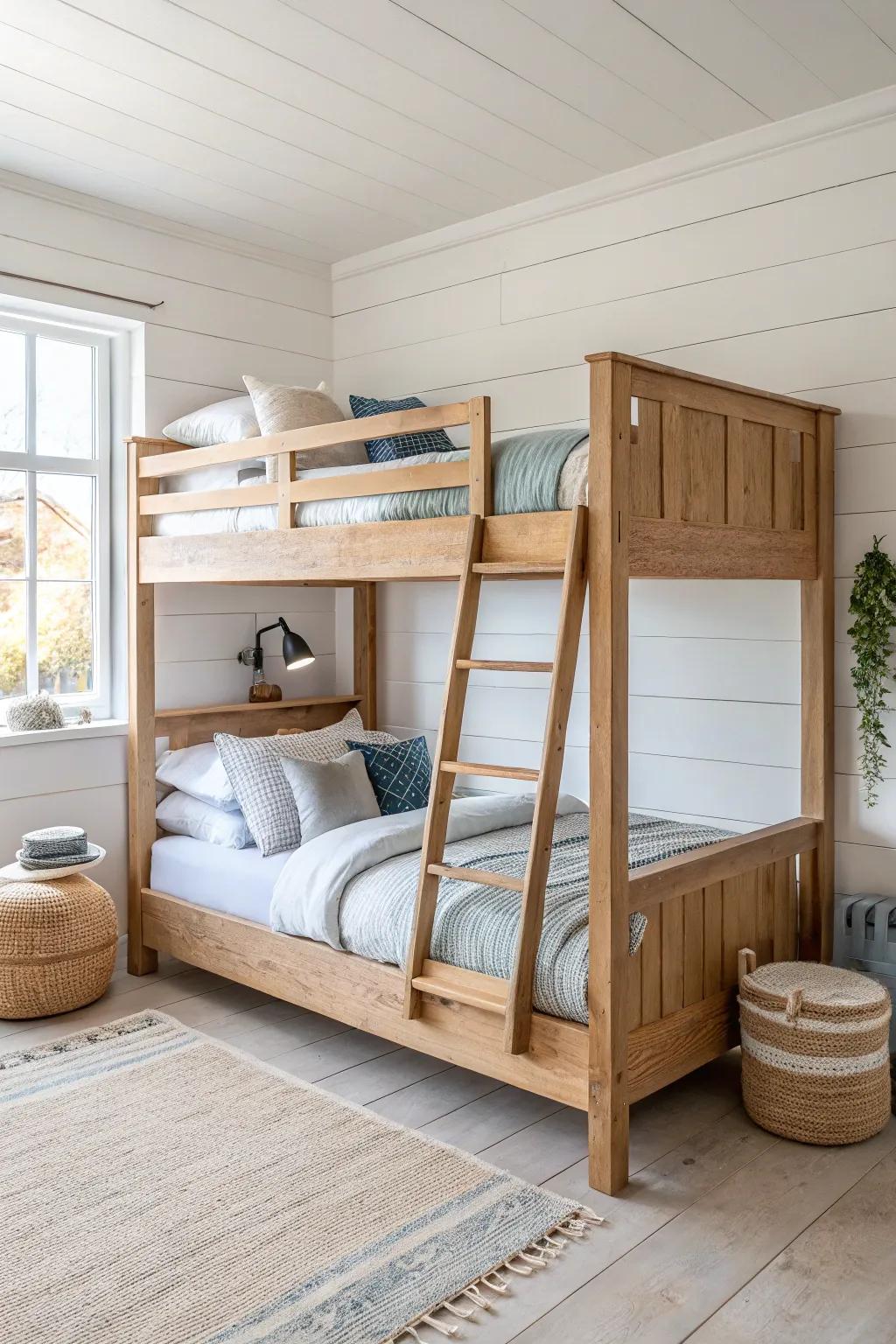Classic natural-wood stacked bunk bed—timeless for boy-girl sharing, with grain-led beauty.
