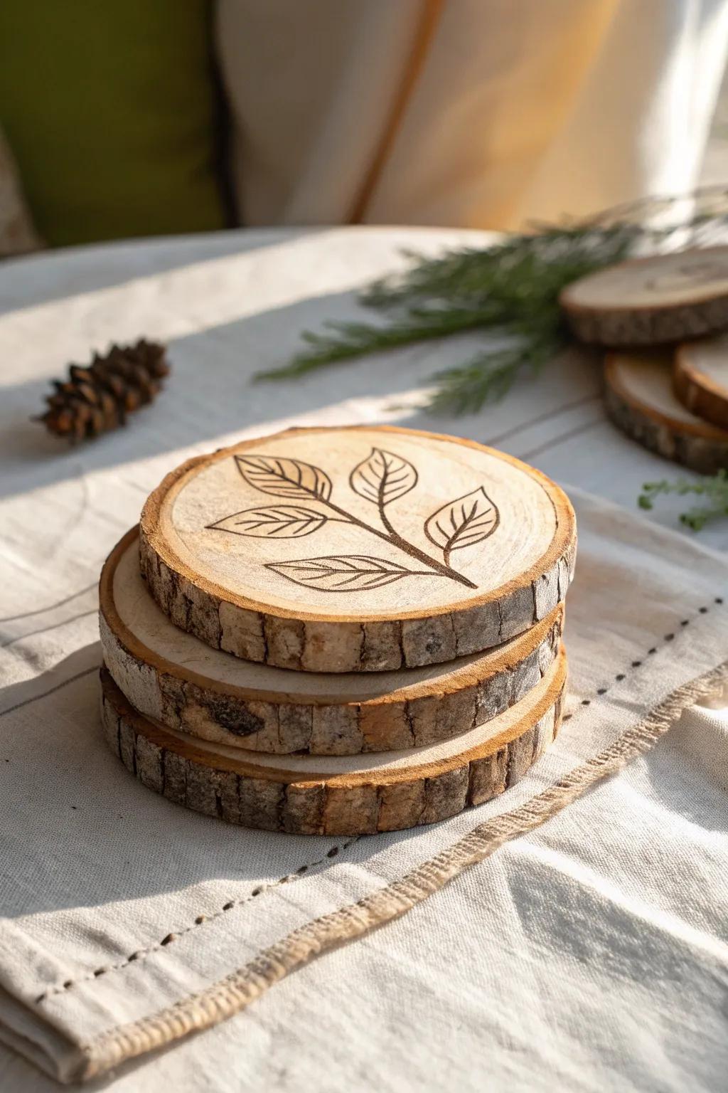 Minimal burnt-wood coasters: simple leaf lines, rich contrast, and a satin seal for daily use.