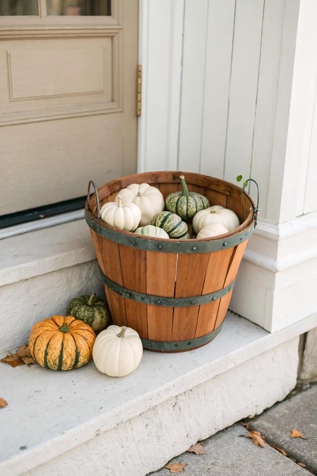 Bushel basket overflowing with pumpkins and gourds—minimal Nordic porch style, warm boho abundance.