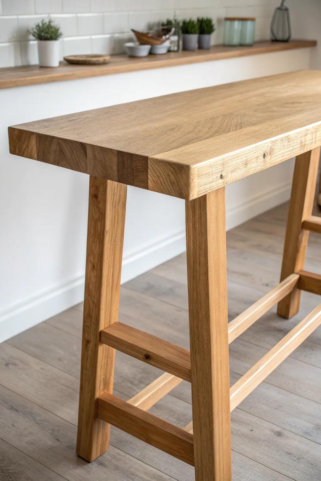 A classic straight, extra-thick butcher block bar top with a bold edge and satin finish.