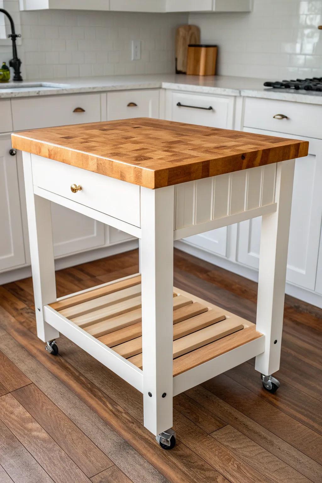 A timeless rolling kitchen island with a warm butcher‑block top—extra prep space, no remodel.