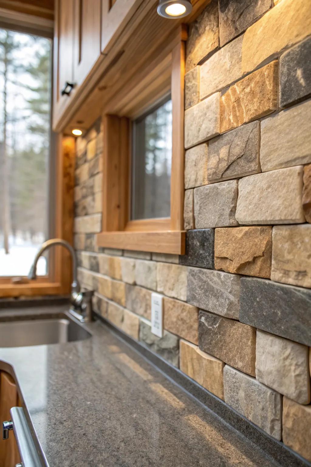 Earth-tone tumbled stone tile that grounds a cozy cabin kitchen and hides splatters with ease.