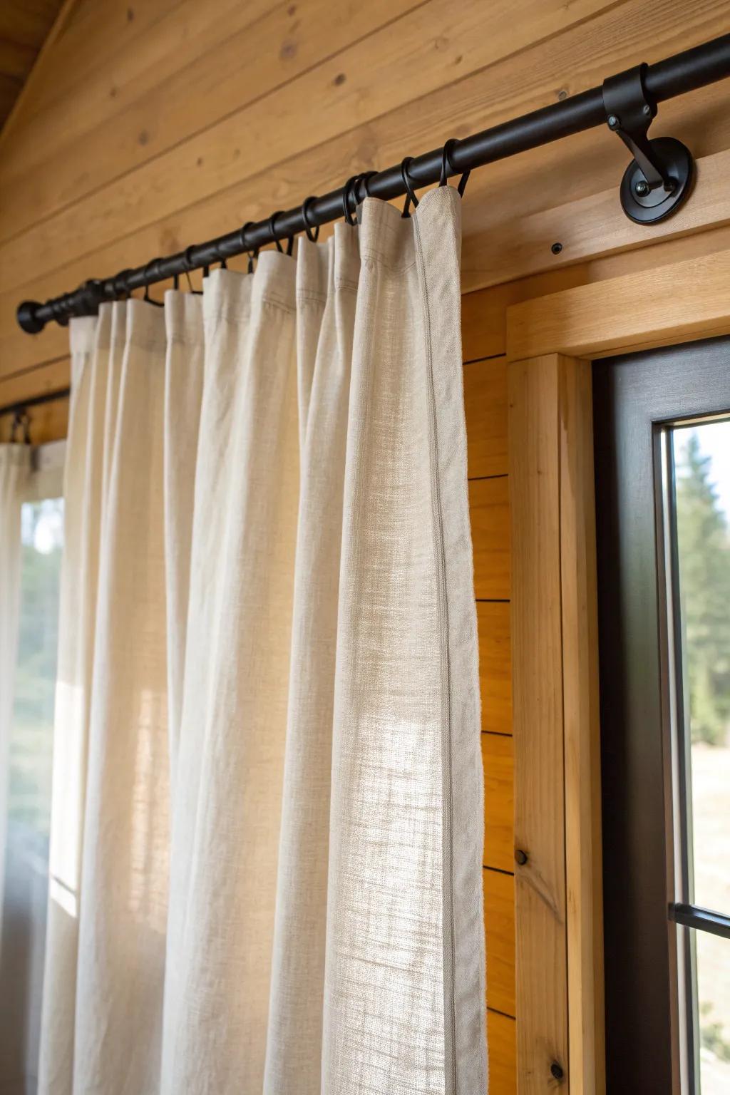 Natural linen panels on a dark rod—soft, airy cabin curtains that brighten wood walls.