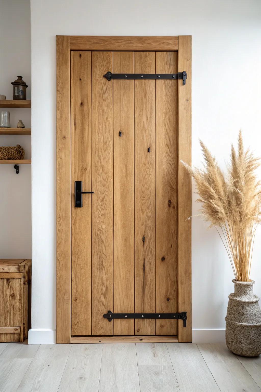Timeless cabin plank door with chunky strap hinges—simple, rustic, and beautifully crafted.