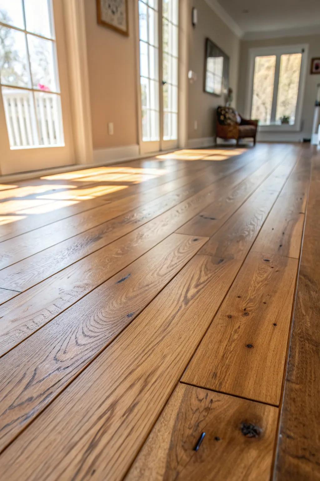 Honey-toned wide-plank hardwood brings calm, spacious warmth to any cozy cabin interior.