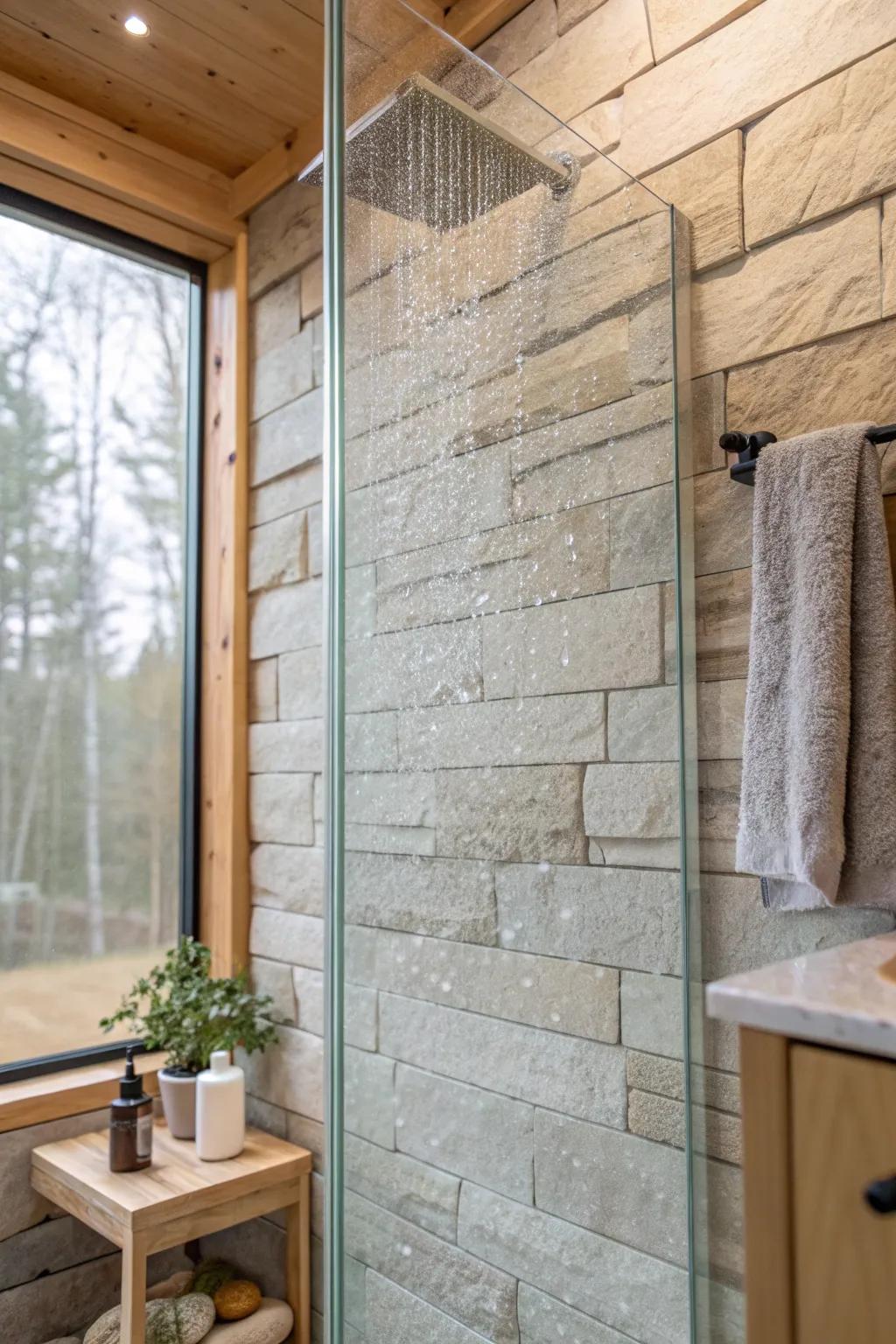 Knotty wood + natural stone behind a clear glass panel—an airy cabin walk-in shower spa feel.