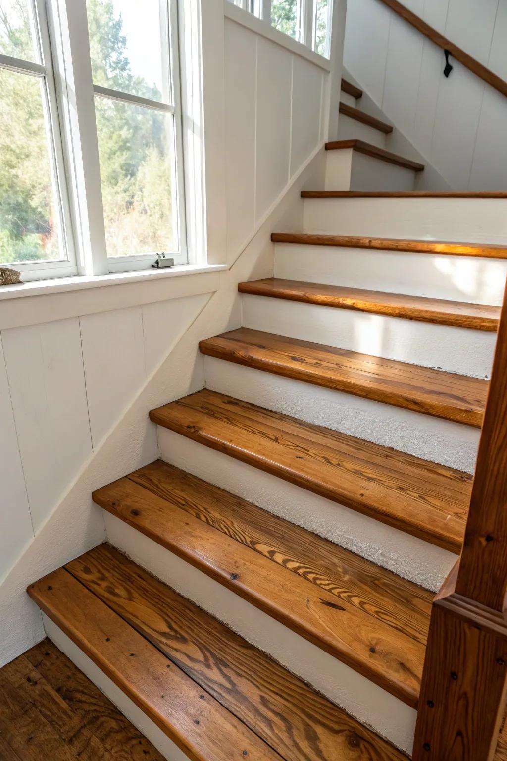 Timeless cabin warmth: classic stained pine tread with a matte finish that lets the grain glow.