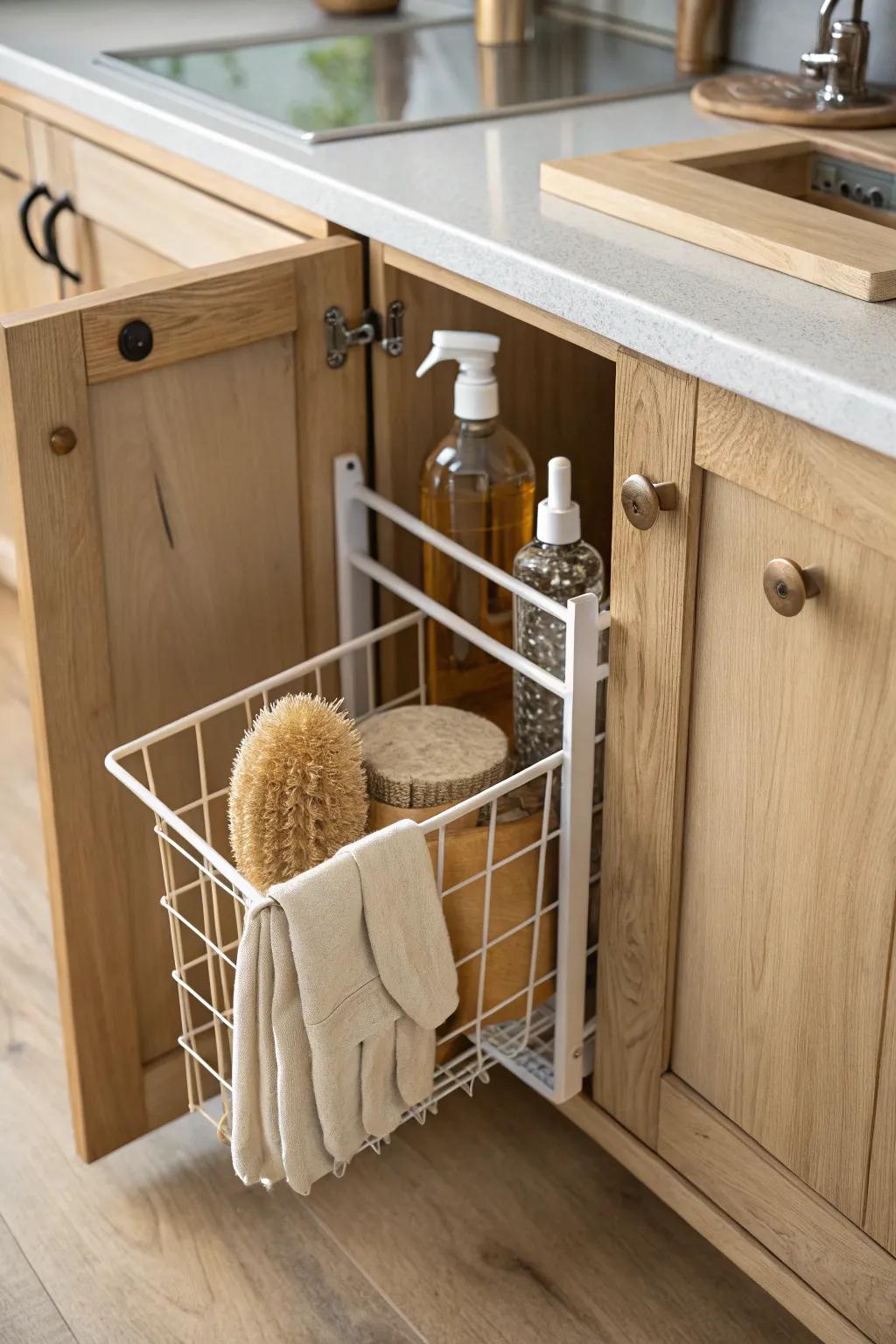 Classic wire basket caddy on a cabinet door—pretty, practical storage for under-sink essentials.