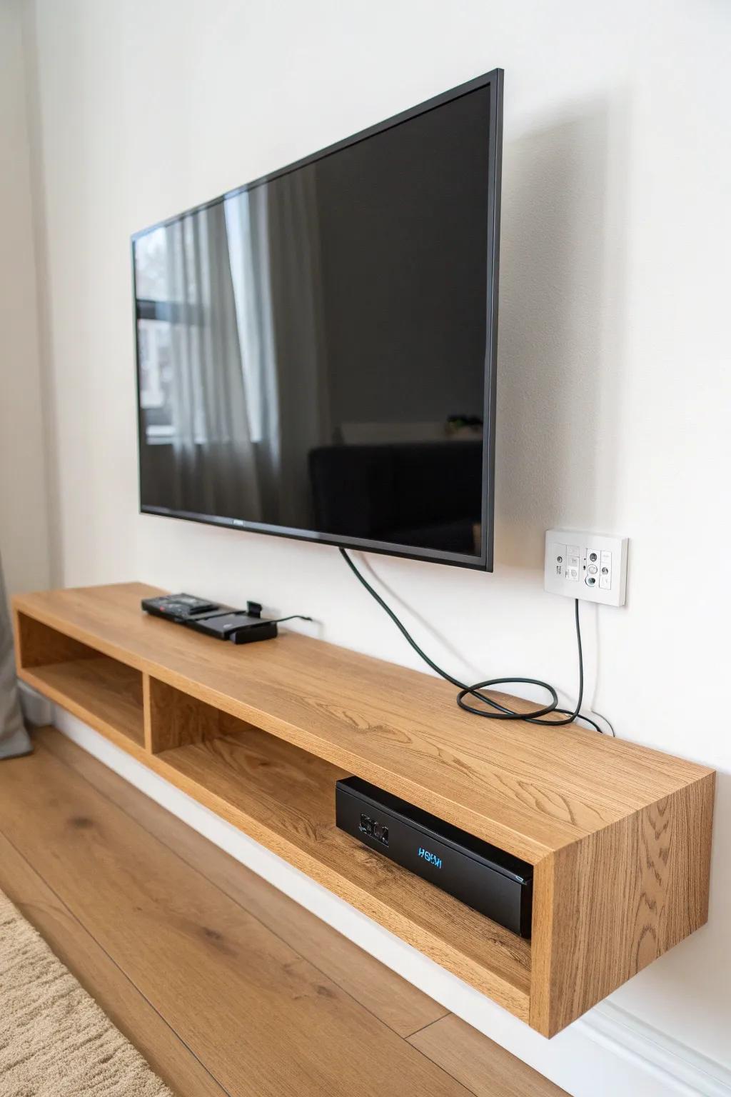A classic floating shelf under the TV—with a clean cord hole to hide the cable box wires.