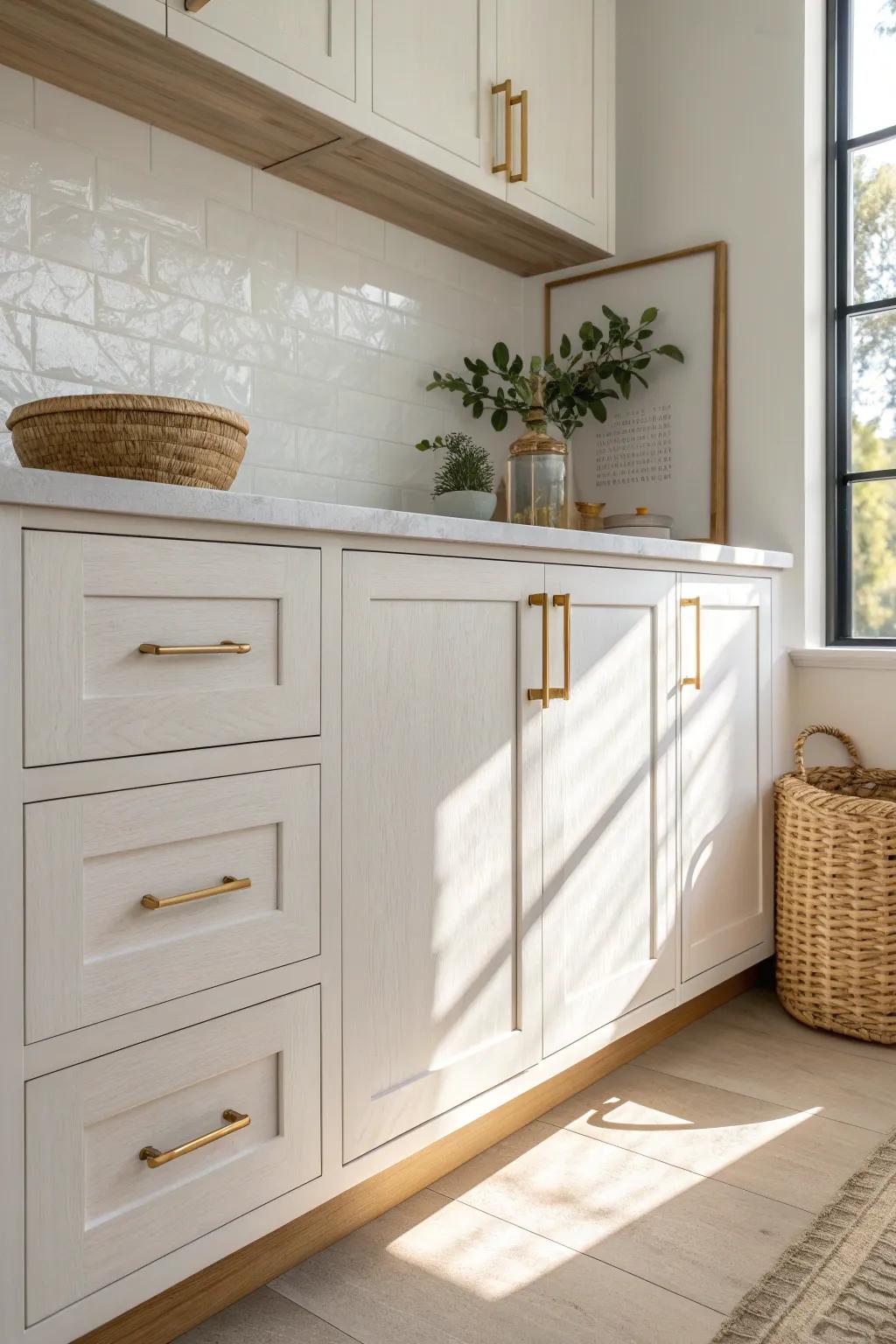 Warm white perimeter cabinets that bounce California light—clean, airy, and timeless.