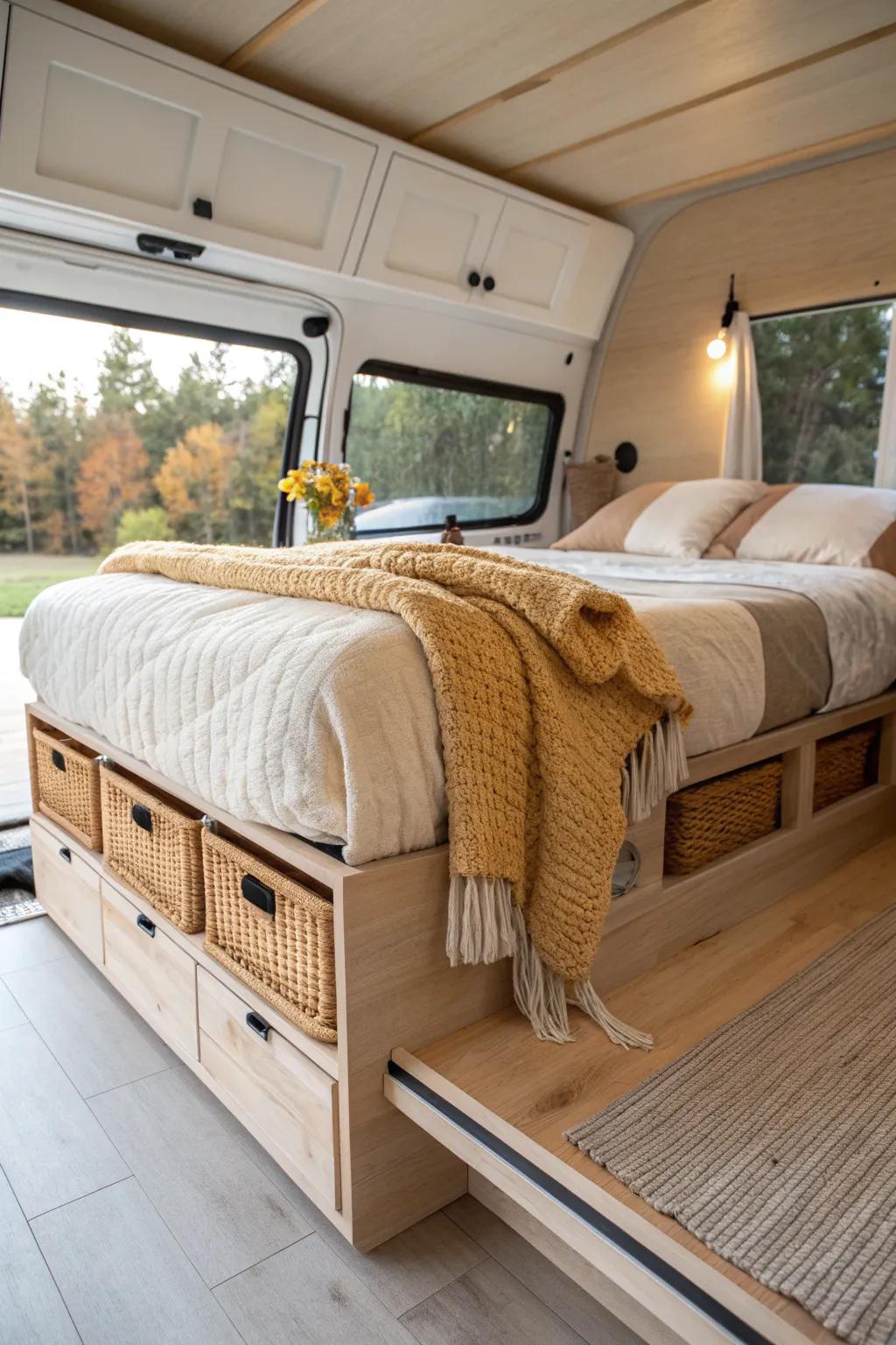 Fixed platform bed with a clean plywood deck and a spacious garage storage bay beneath.