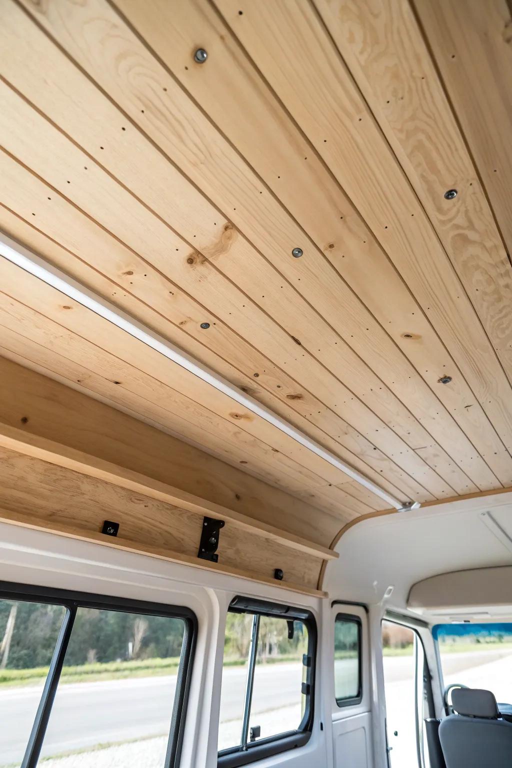 Tongue‑and‑groove ceiling boards add cabin warmth—seal all sides and leave tiny gaps.