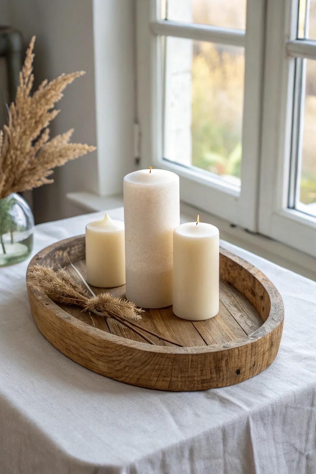 Three ivory pillar candles on a rustic wood tray—simple, cozy, and effortlessly intentional.