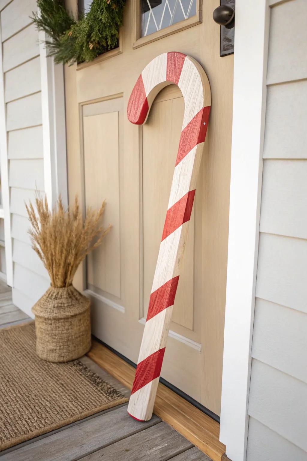 DIY giant wooden candy cane with crisp peppermint stripes—minimal, cozy porch statement.