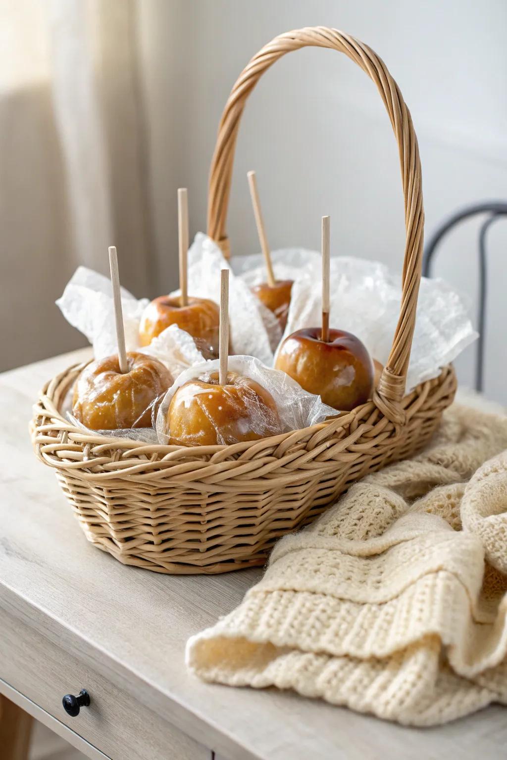 Embrace timeless charm with a classic wicker basket filled with delectable caramel apples. Perfect for a touch of rustic elegance.