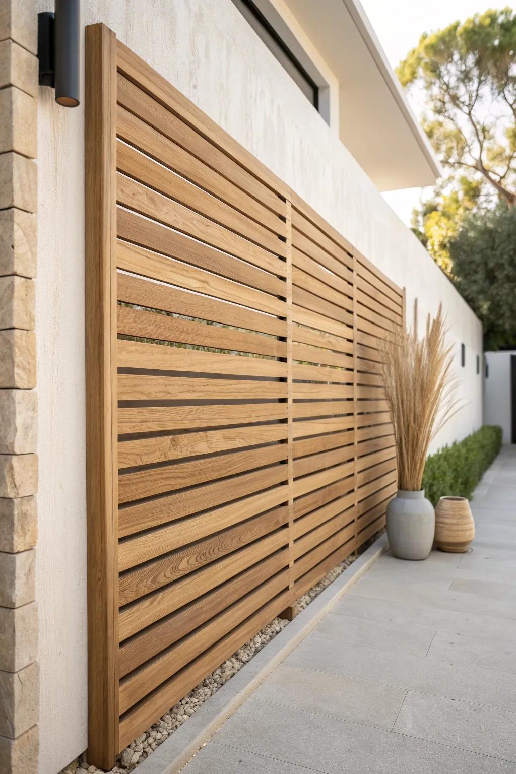 Classic horizontal slat privacy wall—clean lines, airy gaps, and warm wood craftsmanship.