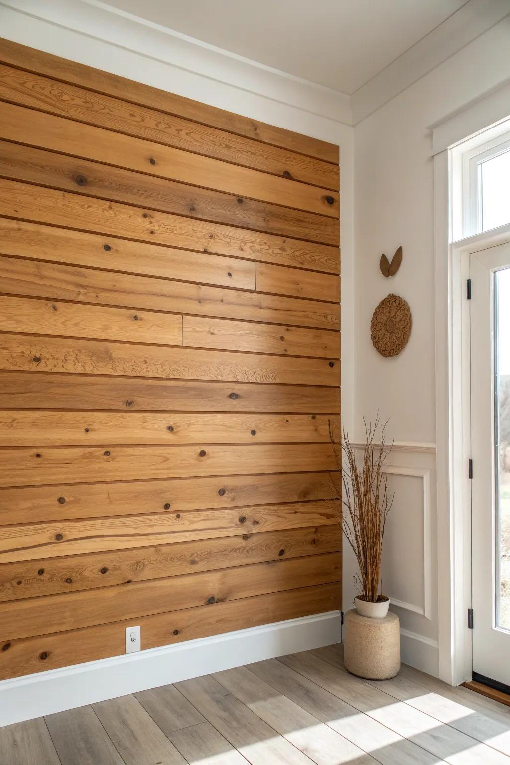 Timeless horizontal cedar planks that warm the room and make spaces feel instantly wider.